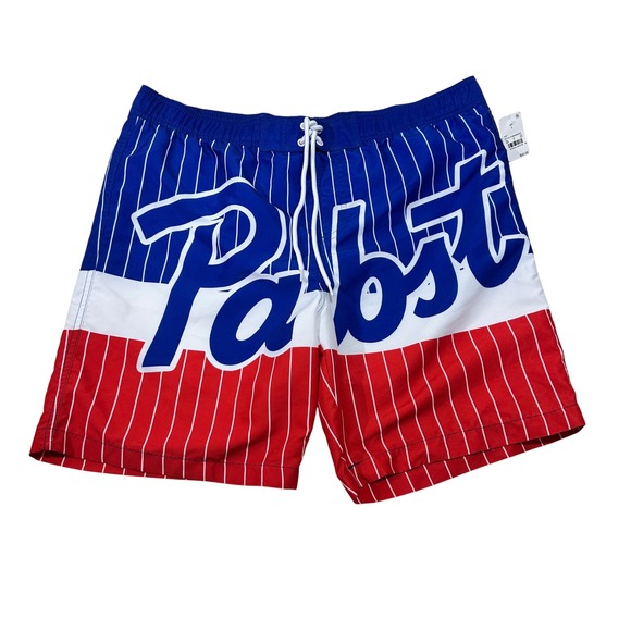 Pabst Blue Ribbon Other - Pabst Blue Ribbon Mens Swim Trunks Red White Blue Pinstripe PBR Shorts Large NEW